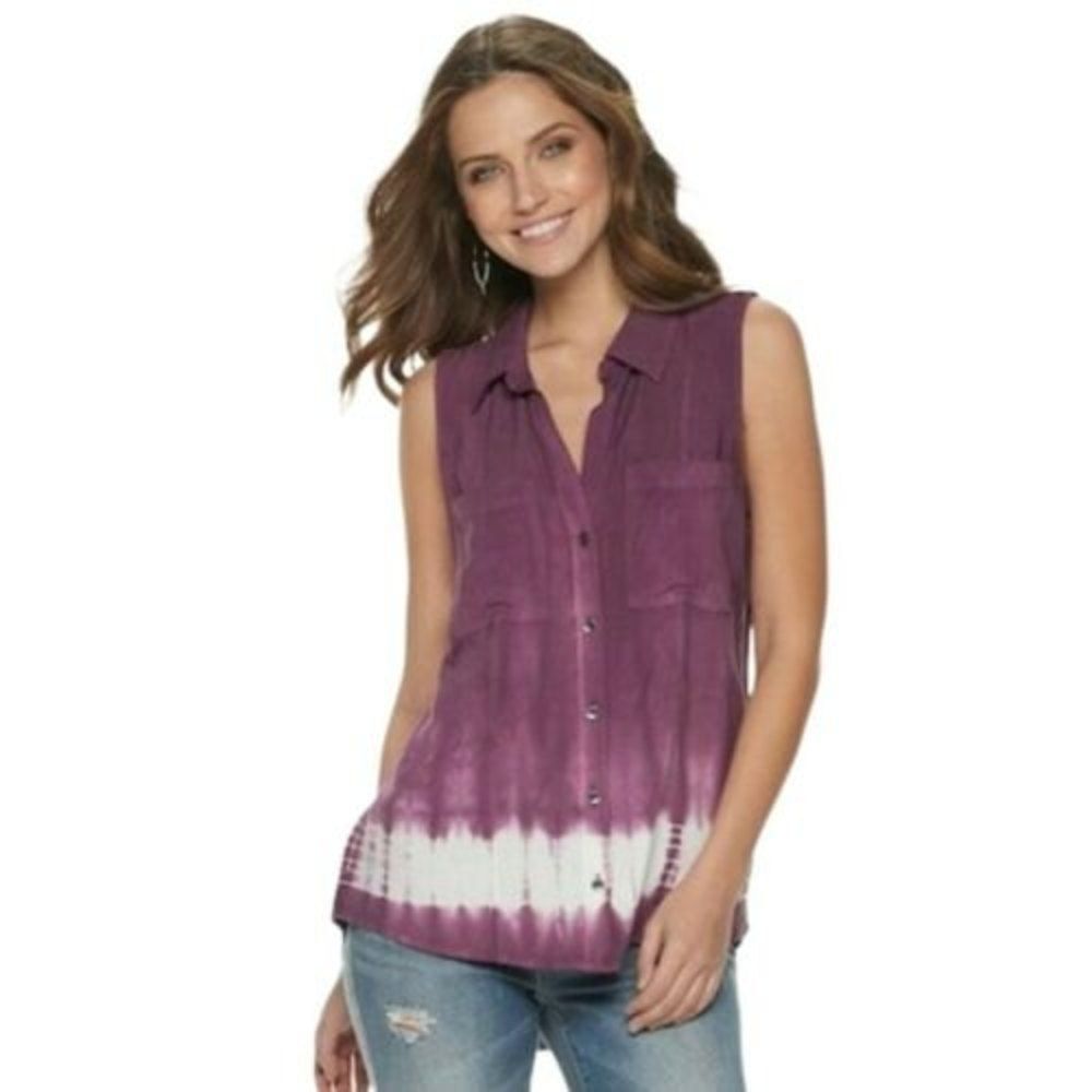 Rock & Republic Purple Tie Dye Sleeveless Button Down Blouse Top Women's Size XS